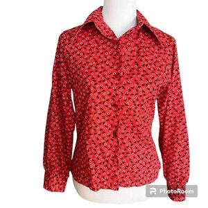 Vintage 70s Sears Roebuck Point Collar Permanent-prest Shirt Red Floral Unisex